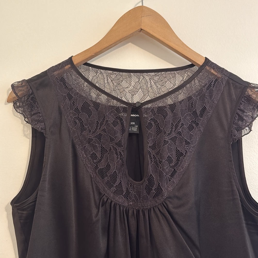 Club Monaco Silk Cap Sleeve Dark Black Brown Lace Top - Picture 2 of 6